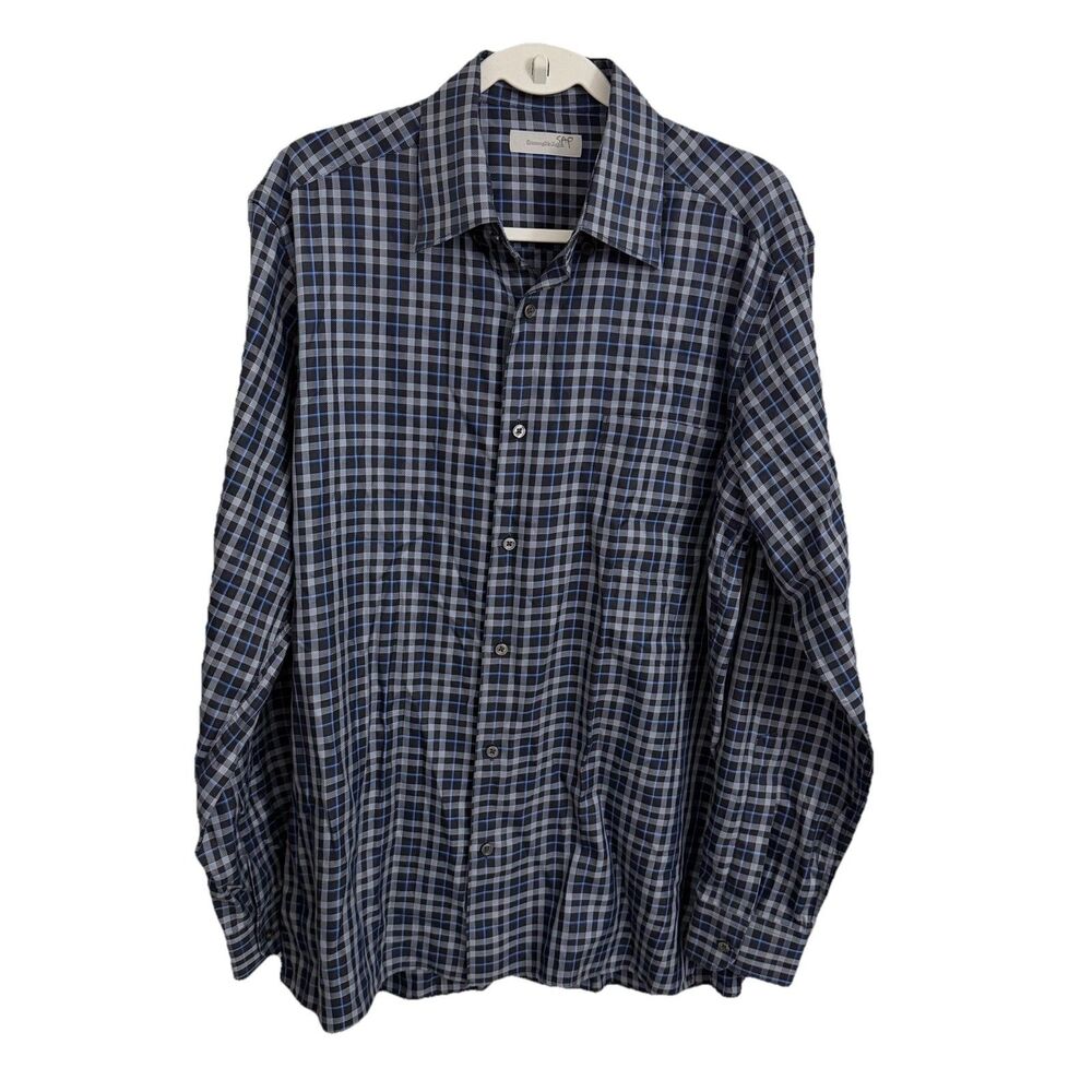 Ermenegildo Zegna Shirt Mens Large Gray Black Checkered Traveller Longsleeve Top